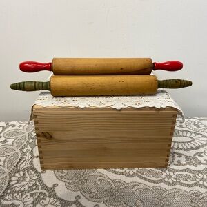 Two Vintage Wood Rolling Pins-One with Red Handles, the other with Green